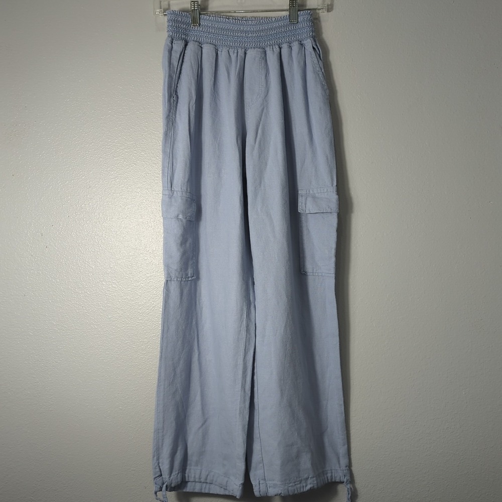 Rewash Brand Womens Small Linen Blend Blue Cargo Pants W/‎ Elastic Waist 625
